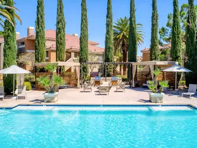 Pool and lounge area during the day