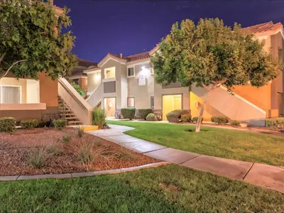 Building exterior with night lighting